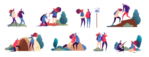 Couple hiking. Man and woman, romantic people hike. Happy couples in travel outdoor adventure and camping in nature. Vector characters woman and man hiking, tourism and trip illustration