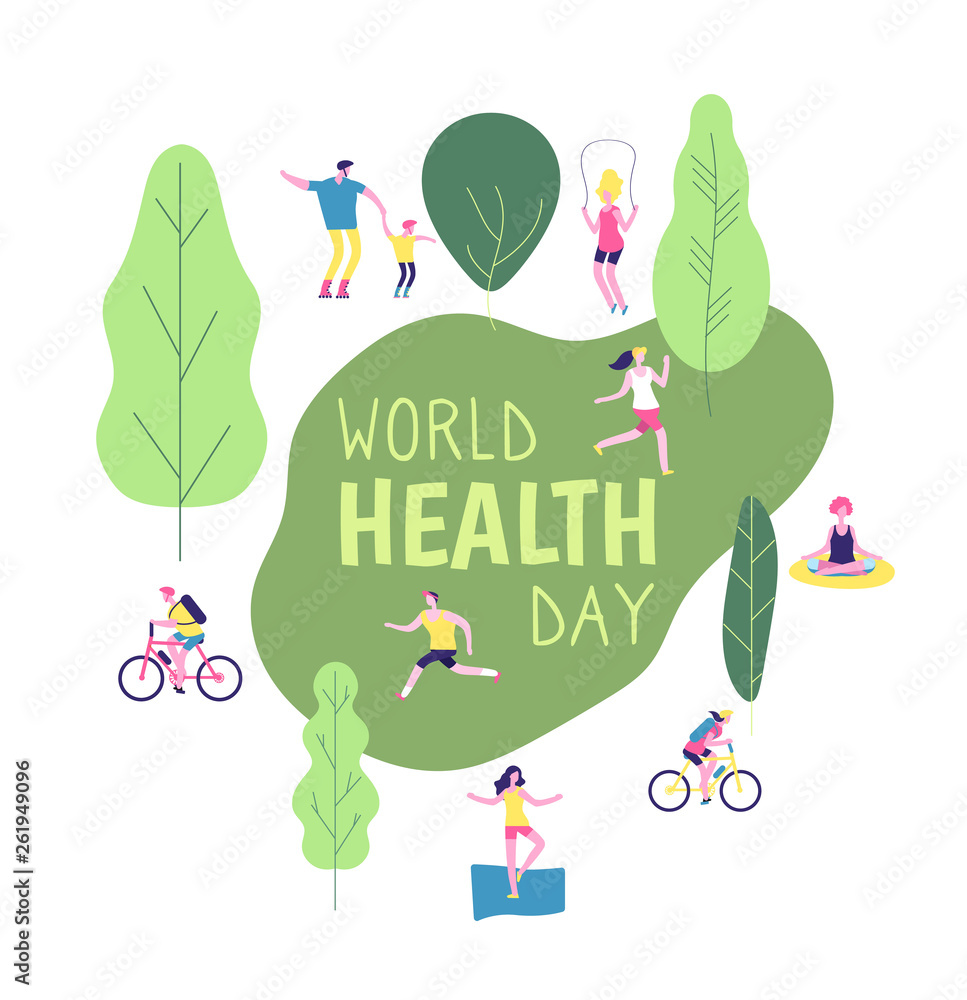 Poster world health day concept. healthy lifestyle man woman fitness diet fun runner healthcare vector back