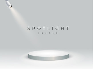 White round podium. spotlights realistic with bright white light shining stage. Pedestal. Scene. Illuminated effect form projector, projector for studio. Minimalistic lamp in grey Vector illustration.