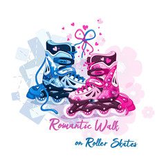 Romantically tied mens and womens roller skates. Love roller skating walks. Sports leisure for active people. Vector illustration.