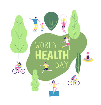 World health day concept. Healthy lifestyle man woman fitness diet fun runner healthcare vector background. Illustration of fitness runner, health run sport