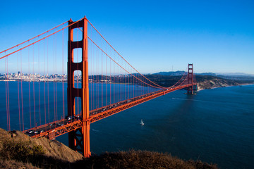 Golden Gate Bridge with San Francisco, USA in background. Top view of bridge and the bay on a sunny day with copy space.