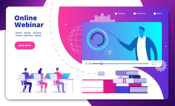 Webinar Concept. Online Webinars Seminar Speaker Student Web Consultation Webcast E Meeting Video Training Course Vector Landing Page. Illustration Of Webinar Training, Video Online Seminar