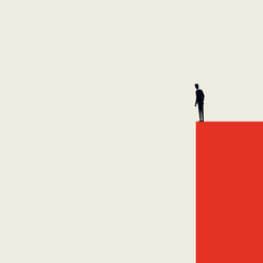 Business crisis, depression or burnout syndrome vector concept. Minimalist artistic style. Businessman standing on edge of cliff. Symbol of stress, recession, failure.