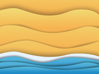 Summer beach vector poster background template in moder paper layer material design style. Symbol of summer holiday, relax, tourism, nature.