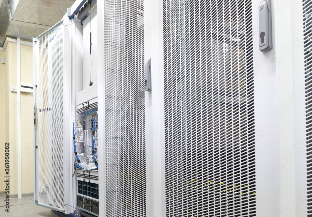 Aufkleber technical wall of cellular data terminal rows ready for checking