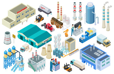 Obraz premium Isometric industrial buildings, workers, delivery trucks, factory and warehouse vector collection. Illustration of isometric industry, building industrial