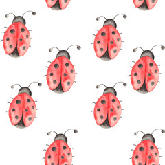 Watercolor pattern of insects, ladybugs, bedbugs, beetles with leaves on a white background. 