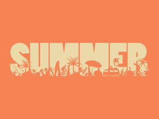 Inscription summer with vacation and extreme sport silhouettes.