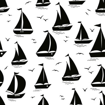 Seamless pattern with yacht silhouette on waves