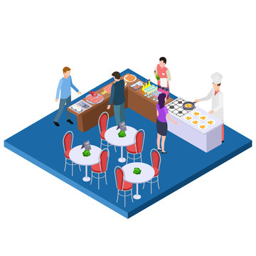 Buffet Breakfast Restaurant Isometric Vector Concept. Illustration Of Breakfast Restaurant, Lunch Table Dinner