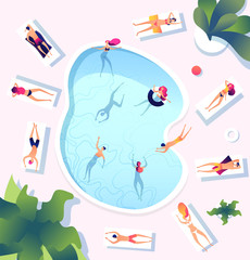 Summer pool. People at swimming pool top view. Persons swim dive relaxing sunbathing women men water games beach party vacation vector. Swimming pool area with swim women and men illustration