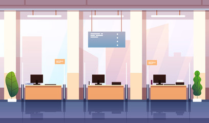 Bank interior. Banking investment wealth growth symbols. Empty bank office consulting center cartoon business financial vector concept. Illustration of office empty, bank interior workplace - obrazy, fototapety, plakaty