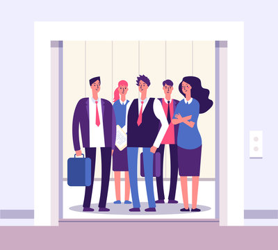 People elevator. Lift persons standing woman man group inside elevators office interior with open door business vector concept. Illustration of people in elevator, man and woman inside lift