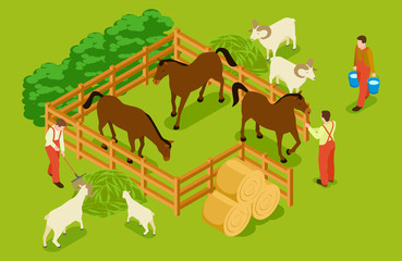 Animal farm, livestock with horses, goats, sheeps and workers isometric vector illustration. Livestock farm isometric, horse and sheep