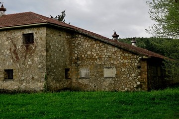 old abandoned building on a green lawn in the middle of the forest