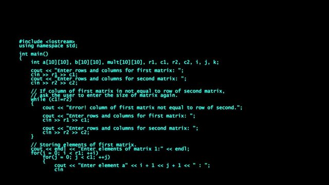 C++ programming code running down a computer screen terminal