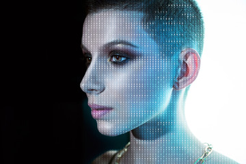 Binary code numbers composing a human face as a metaphor for artificial intelligence