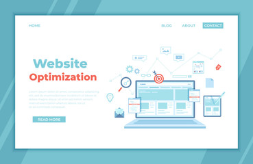 Website Optimization, Analysis, Content writing, Keywording, Reporting, Design, SEO, Links building. Website template on the laptop screen and tablet. landing page template or banner. Vector