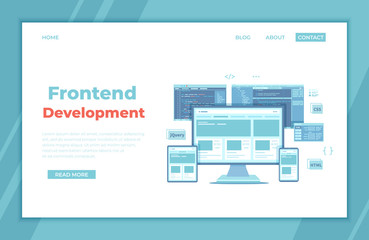 Frontend Development, Creating a site layout, template. Website UI UX interface on a monitor screen, tablet, phone, html css js programming code. landing page template or banner. Technology concept. 