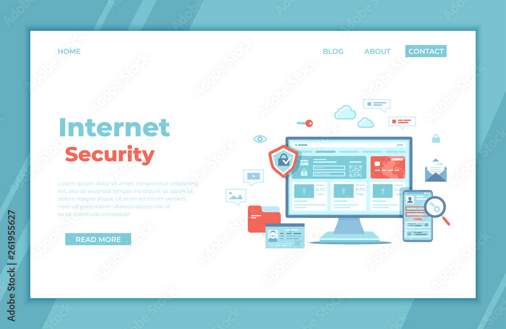 Poster internet security. user’s personal data protection, safety confidentiality, safe network. monitor an