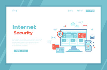 Internet Security. User’s personal data protection, safety confidentiality, safe network. Monitor and phone with shield and lock. Password request and username. landing page template or banner. Vector