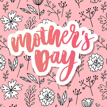 Happy Mothers Day elegant typography pink banner. Calligraphy text and heart in frame on red background for Mother's Day. Best mom ever flowers frame