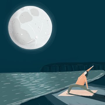 Illustration of woman doing yoga under full moon at night
