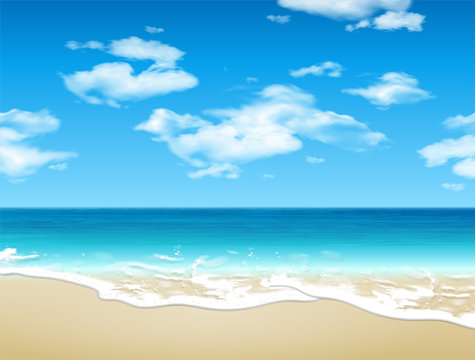 Summer landscape. Seashore and sandy beach. 3D vector. High detailed realistic illustration