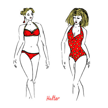 Portrait of sexy blonde retro pin up girls in red one and two pieces halter type of swimsuit with inscription, hand drawn outline doodle, sketch vector illustration