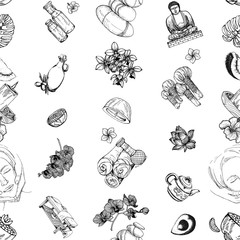 Seamless pattern of hand drawn sketch style day spa themed objects isolated on white background. Vector illustration.
