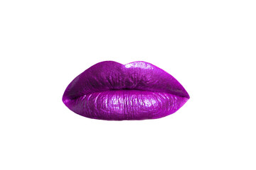 Female lips with purple matt lipstick close-up on a white background