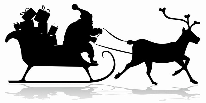silhouette of Santa sleigh and reindeer , vector draw