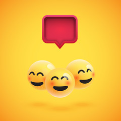 Group of high detailed yellow emoticons with a 3D speech bubble, vector illustration