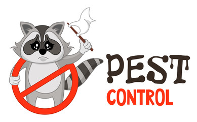 Fototapeta premium Funny vector illustration of pest control logo for fumigation business. Comic locked raccoon surrenders. Design for print, emblem, t-shirt, sticker, logotype, corporate identity, icon.