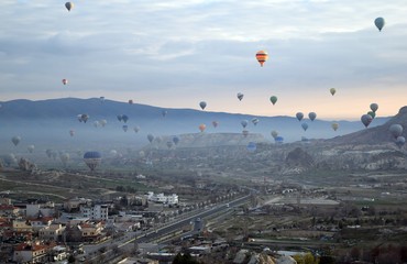 Sunrise and balloons. Beautiful background of the balloon and the sunset.Cappadocia. Turkey. Göreme.