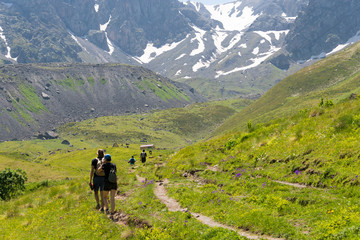 Kazbegi, Georgia - Jul 03 2018: Juta valley near Caucasus mountain. a famous landscape in Kazbegi, Mtskheta-Mtianeti, Georgia.