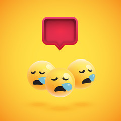 Group of high detailed yellow emoticons with a 3D speech bubble, vector illustration