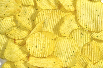 Corrugated potato chips, close-up food background, texture