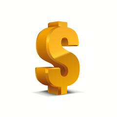 Golden-Yellow 3d USA Dollar Sign, Currency symbol. Vector Illustration. Isolated on White Background