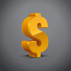 Golden-Yellow 3d USA Dollar Sign, Currency symbol. Vector Illustration. Isolated on Grey Background