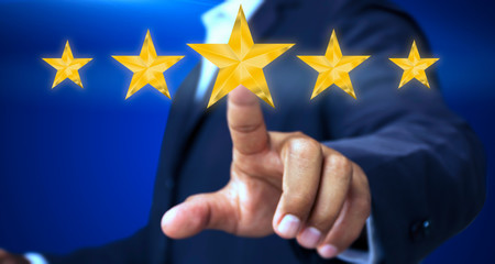 Executives point out the five-star symbol, increase the assessment score and the concept of business assessment concept classification. - obrazy, fototapety, plakaty