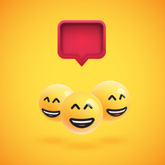Group of high detailed yellow emoticons with a 3D speech bubble, vector illustration