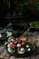 sweet pea  and avocado deviled eggs.style rustic.