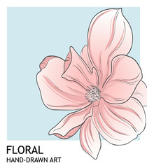 Minimalist peony botanical valentine greeting card template design in coral blue color. Vector hand-drawn boranical art looks like color scheme.