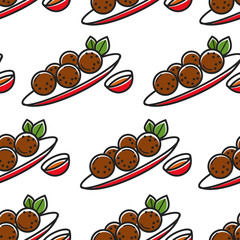 Felafel on plate and sauce seamless pattern Egyptian cuisine