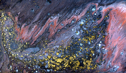 Purple, gold and bronze marbling pattern. Golden marble liquid texture.