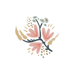 Hand drawn flowers with branches. Pastel colors, bouquet in doodle style. Vector plants
