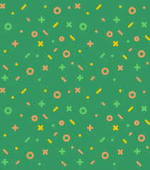 Geometric pattern with circles, stars, dotes, pluses and crosses. Blue holyday background for the cover of the Memphis style or background