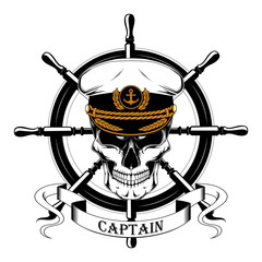 The skull of the captain in the captain's cap, the ship's steering wheel, ribbon. Black and white image on a white background.